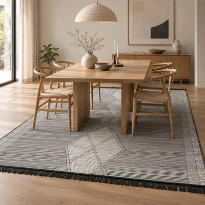 Produktbild von Designer Teppich Beidseitig Ethno Kelim Schwarz Weiss Meliert, Größe:160x230 cm, KI-generiertes Bild