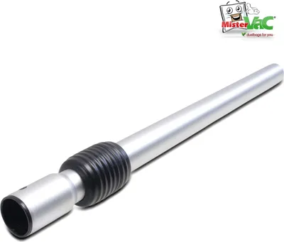 A silver telescopic vacuum cleaner tube with a black flexible connector, set against a white background. A logo for 'MisterVac' is visible in the top right corner.