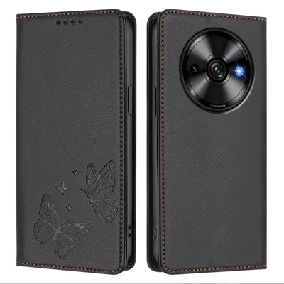 Produktbild von Lederhülle für Oukitel C59 / C59 Pro, Schmetterling Prägung Leder Brieftasche Schutzhülle mit Ständer Schwarz