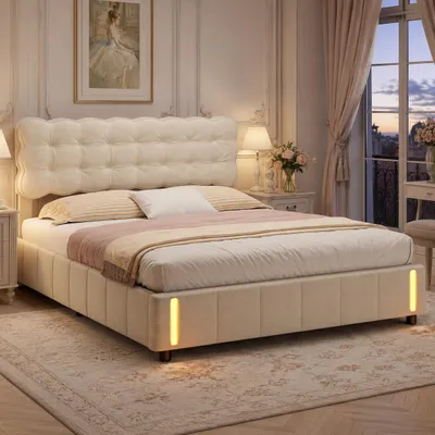 Obrázek produktu pro Postel s pružinovou základnou INONEFT, dvoulůžko 160x200 cm, s LED osvětlením, čalouněná postel s hydraulickým zvedákem a úložným prostorem, postel pro mládež s roštem a úložným prostorem, barva: béžová, productTiles.product.images.aiGenerated