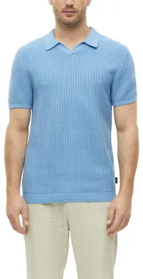 Produktbild von s.Oliver Herren Kurzarm-Strickpullover mit Polokragen – Regular Fit, Strickmuster, Rippbündchen – Business – Größe XL, 5420_blau