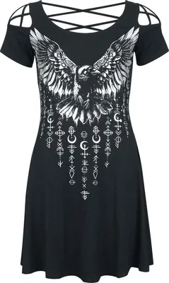 Produktbild von Black Premium by EMP Damen schwarzes kurzes Kleid mit Raben Frontprint XL