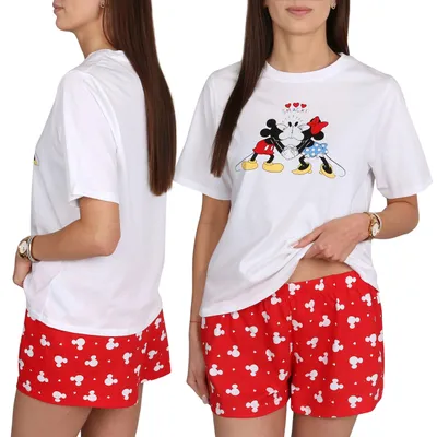 Produktbild von DISNEY Damenpyjama Minnie & Mickey Mouse, weiß, 2-teilig, Kurzarm, 100 % Baumwolle XL