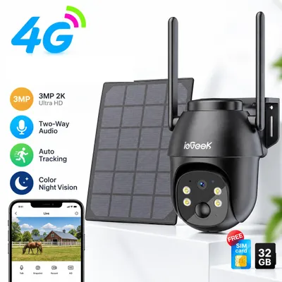 Productafbeelding van 4G LTE bewakingscamera voor buiten, met batterij, SIM-kaart, zonnepaneel, 32GB opslag, 2K resolutie, 3MP, draadloos, zonne-energie, IP-camera voor buiten, met kleurweergave en infrarood nachtzicht