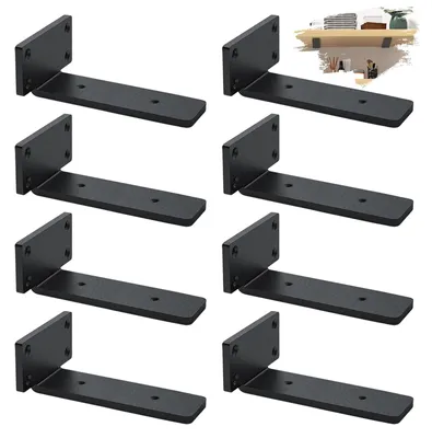 Image de Supports de fixation murale pour étagères - Lot de 8 supports métalliques en forme de L, noirs (20 cm)