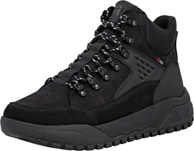 A single black hiking boot is shown from a diagonal angle against a white background.