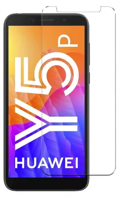 A screen protector is shown placed over a Huawei Y5p smartphone.