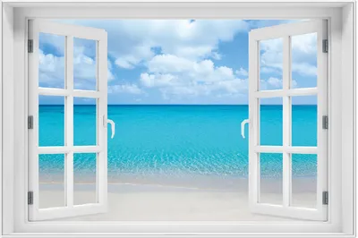 Produktbild von Wallario Wandbild mit Fenster-Illusion: Sandstrand und blaues Meer, Größe: 61 x 91,5 cm, Poster mit weißem Aluminiumrahmen