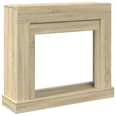 A product shot of a wooden fireplace surround.