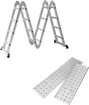 A multi-purpose ladder and two platforms are displayed against a white background.