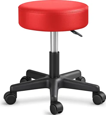 Image de TRESKO Tabouret à roulettes réglable en hauteur rouge 150 kg | Tabouret pivotant 10 cm d'épaisseur rembourrage 47-60 cm | Tabouret de travail tabouret de bureau pivotant à 360° avec roulettes