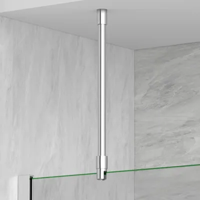 A close-up view of a shower support rod attached to a ceiling and a glass shower panel.