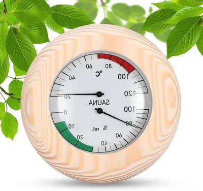 Produktbild von Rundes Holzsauna-Thermometer und -Hygrometer - Präzige Temperatur- und Feuchtigkeitsmessgerät für Innenraum