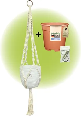 Produktbild von MePla - Set - Ampel Makramee Naturbeige - Bergamo ø16 Weiss + Kulturtopf ø15 + Beipack-Set 21550-001
