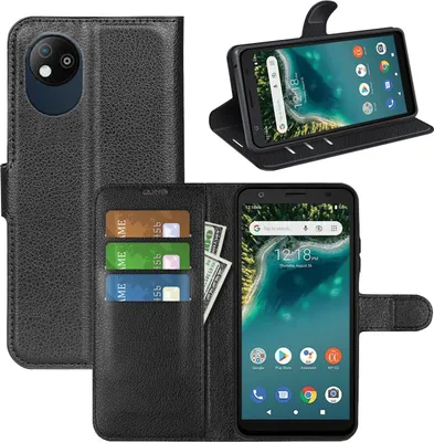 A collage of images showing a black leather flip case for a smartphone, with credit cards and cash inserted, and a smartphone displayed within the case.