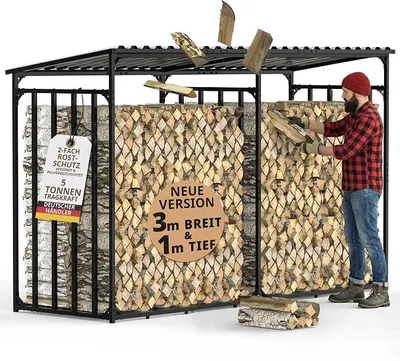 Productafbeelding van Houtopslagrek voor buiten, metalen constructie met dak, 300x105x185 cm | geschikt voor hout van 1 meter, 33 cm en 25 cm, verzinkt, weerbestendig, 3 meter houtopslag, tuinhoutrek voor buiten, houten overkapping, 5 meter? Stapelsteun