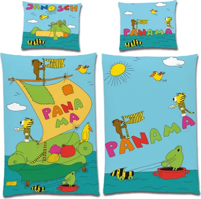 A collage of four images depicting children's bedding designs featuring cartoon characters in a Panama-themed setting.