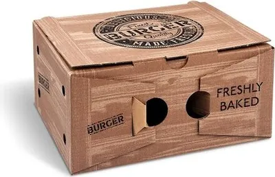 Produktbild von 100x Hamburgerboxen aus Mikrowellpappe 2-geteilt bedruckt braun 21 x 16 x 10 cm