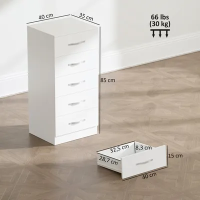 Produktbild von HOMCOM Kommode mit 5 Schubladen Aufbewahrungsschrank für Wohnzimmer Weiß