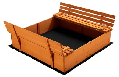 Produktbild von Sandkasten mit Deckel 2 Sitzbänke 156,7 x 156,6 x 55 cm, Sandkiste aus Holz mit klappbaren Bänken, Sandkasten mit Abdeckung, Sandbox mit Vliesboden