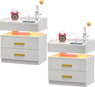 Produktbild von 2x LED Nachttisch mit Steckdose,Weiß Nachttisch Hochglanz mit 2 Schubladen,Beistelltisch Nachtschrank Bettschrank,Kommode Schlafzimmer 45x35x52cm