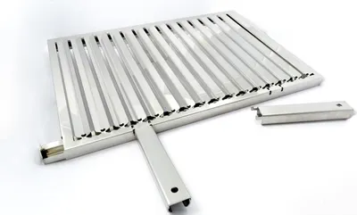 A stainless steel grill grate with a detachable handle and a separate handle piece, shown against a white background.