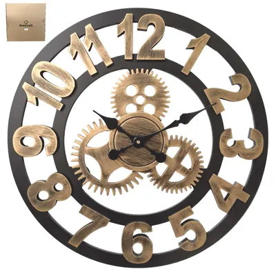 Produktbild von HSXL – Große Wanduhr aus Holz mit Zahlen 60 cm – Schwarz mit Gold – 60 cm – Leises Uhrwerk