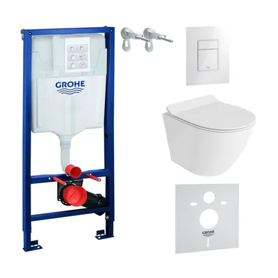 Produktbild von GROHE Vorwandelement Solido + Wand Hänge WC Sogo Slim Weiß Spülrandlos + WC-Sitz SoftClose | Glänzend Weiß Knopf | Komplettset | Unterputz Spülkasten | Toilette Komplett Sett