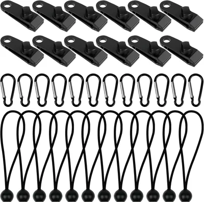 Produktbild von Planenclip-Set – 36-teilig – Robuste Planenclips – Camping – Zelt- und Markisenklemmen – Mit 12 Planenclips, 12 Zeltgummiseilen und 12 Karabinerhaken