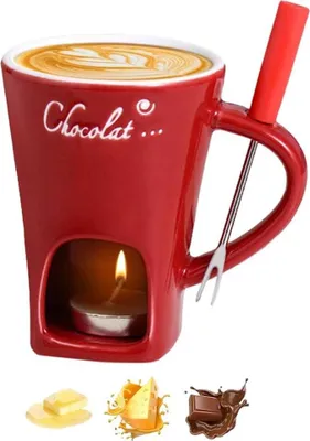 Produktbild von Schokofondue Tass, 200ml Keramik Fondue Set für Schokolade, Käse & Butter, inkl. Fonduegabel