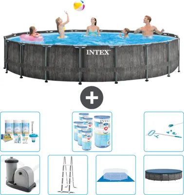 Produktbild von Intex Round Prism Frame Greywood-Schwimmbecken – 549 x 122 cm – inklusive Pumpe – Leiter – Bodenplane – Abdeckung Wartungspaket - Filter - Reinigungskit