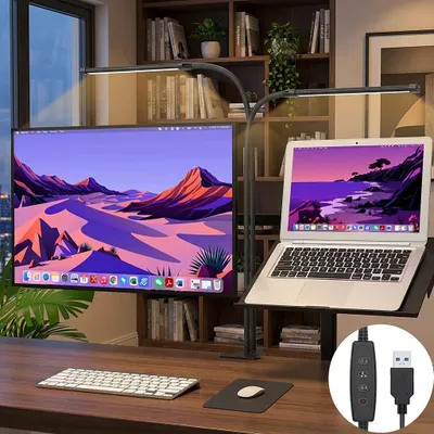 Produktbild von Led Schreibtischlampe Doppelkopf Schwarz 70CM Monitor Lampe Dimmbar Klemmbar Leselicht Bürolampe Tischlampe Für Büro Schreibtisch
