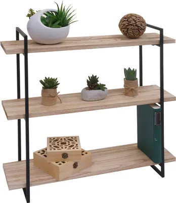 A three-tiered shelf unit with decorative items on each shelf.