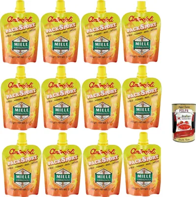 Produktbild von Ambrosoli Packsport Miele Millefiori, sport honey honig, IDEAL FÜR Sportler, Frühstück, sehr streichfähig. 12x 100g + Italian Gourmet polpa 400g
