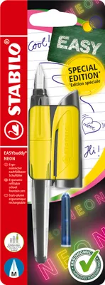 Produktbild von STABILO Schulfüller mit Standard-Feder M - STABILO EASYbuddy NEON in neongelb - blau (löschbar) - inkl. Patrone