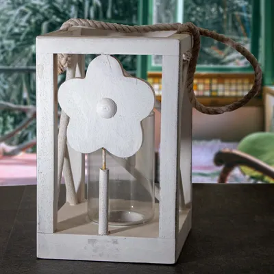 Produktbild von Laterne aus Holz, Windlicht, Blume, Weiß, Groß, Chabby Chic