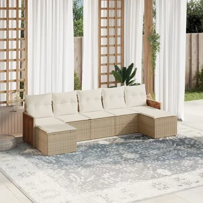 Produktbild von Design 7-tlg. Garten-Sofagarnitur mit Kissen Beige Poly Rattan, Gartenmöbel-Sets 2024 Neu