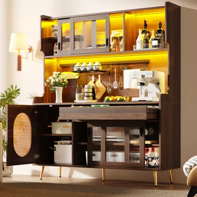 Immagine prodotto di MODFU Armadio da cucina con barra luminosa a LED e cassetti, ripiano laterale, armadio alto con ripiano organizer, ripiano forato Design retrò Soggiorno, marrone