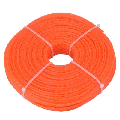 A coiled spool of orange trimmer line secured with white zip ties.