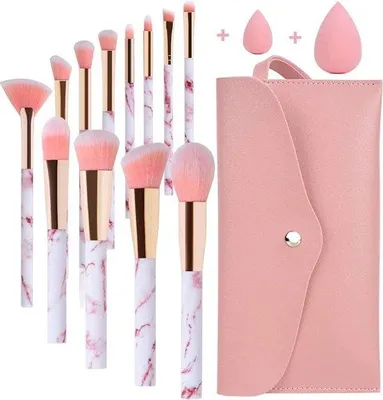 Produktbild von 12-teiliges Make-up-Pinsel-Set mit weichen Borsten in Rosa Marmor, inkl. 2 Make-up-Pads und Kosmetiktasche
