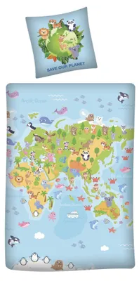 Image de Save our Planet Carte du Monde Réversible Literie 80 x 80 cm + 135 x 200 cm 100% Coton