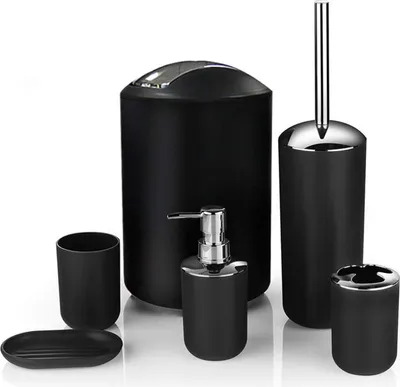 Produktbild von Mülleimer-Zahnbürstenhalter-Set, Toilettenbürsten-Seifenbox, Lotionspender, Schwarz, Hotel-Badezimmeraccessoires