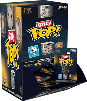 A display box for Funko Bitty Pop! Lord of the Rings vinyl figures, showing various figures and packaging.