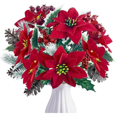 Productafbeelding van Kunstkerststerren, dennengroen, 4 bosjes, rood en groen, 31 cm
