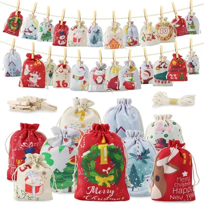 Produktbild von Stoffbeutel, 2 Größen, Adventskalender zum Befüllen, 2025 - Beutel für Adventskalender, zum Selbstbefüllen mit den Zahlen 1-24 - Clips - Kordel