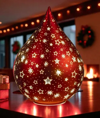 A red, star-patterned decorative light shaped like a teardrop sits on a wooden table, with a fireplace and Christmas wreath visible in the background.