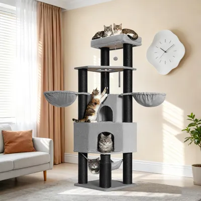 Produktbild von Fobyfurny Kratzbaum Große Katzen Stabil, XXL Katzenbaum, 183 cm, Hellgrau | Großen Höhlen, 11 cm Dicker Sisalpfosten, Plattformen, Fellpflegegerät