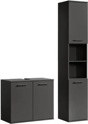 Produktbild von mokebo® Badmöbel Set 2-teilig aus Holz 'Der Steuermann', Badezimmer Set oder Komplettset mit Waschbeckenunterschrank und Hochschrank, Badezimmerschränke oder Badmöbel Garnitur in Anthrazit-Schwarz