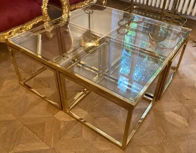Obrázek produktu pro Casa Padrino konferenční stolek zlatý 100 x 100 x v. 40 cm - Čtvercový obývací stůl se 4 výsuvnými bočními stolky - Nábytek do obývacího pokoje - nábytek - nábytek