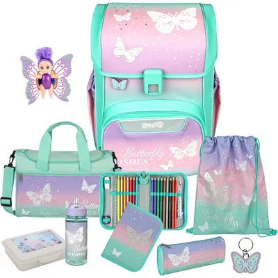 Produktbild von Scooli Schulranzen 1. Klasse Mädchen Butterfly Wishes EasyStart 9tlg.Set mit Sporttasche, Brotdose, Trinkflasche, Fairy-Püppchen